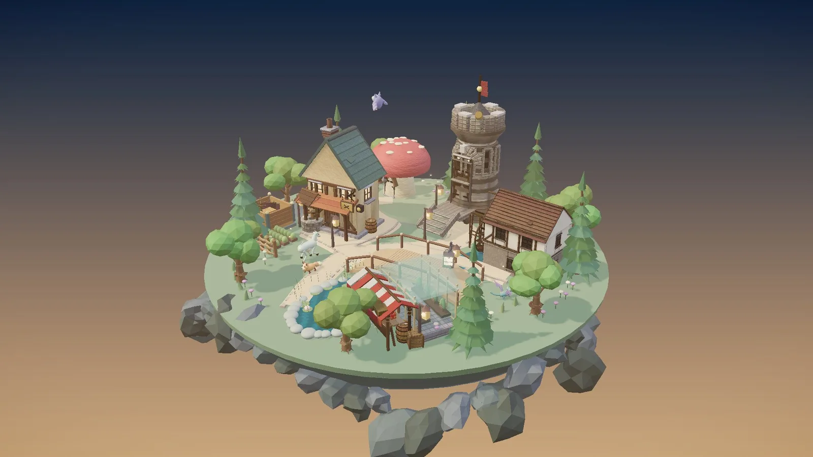 Showcase: a village at golden hour, rendered by an agent using the skill.