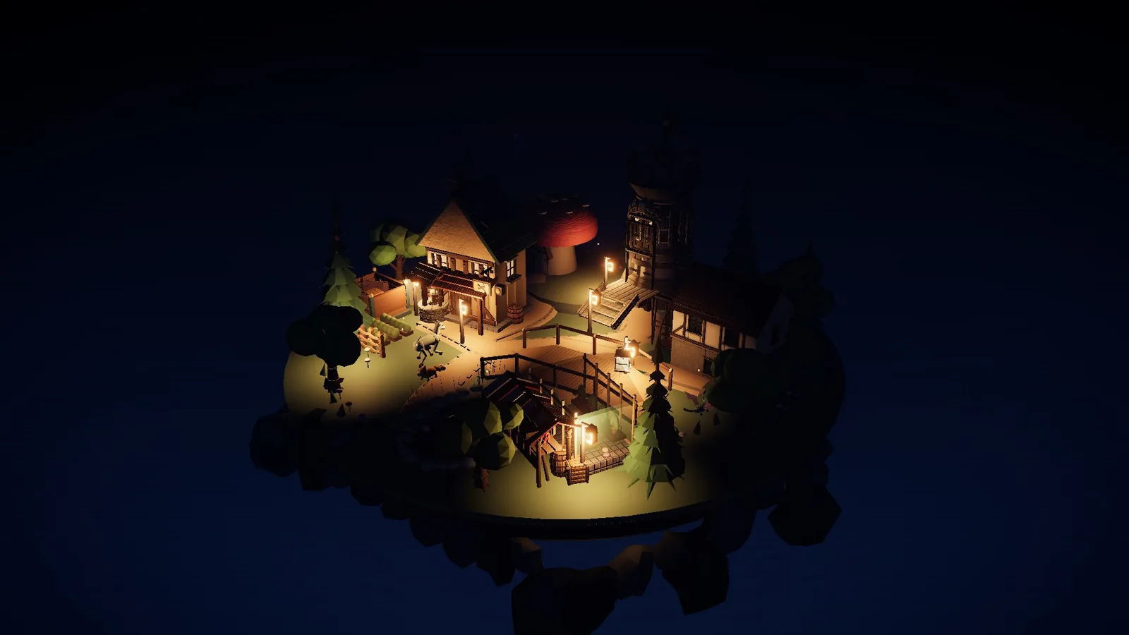 Showcase: the same village at night along a lantern-lit river.