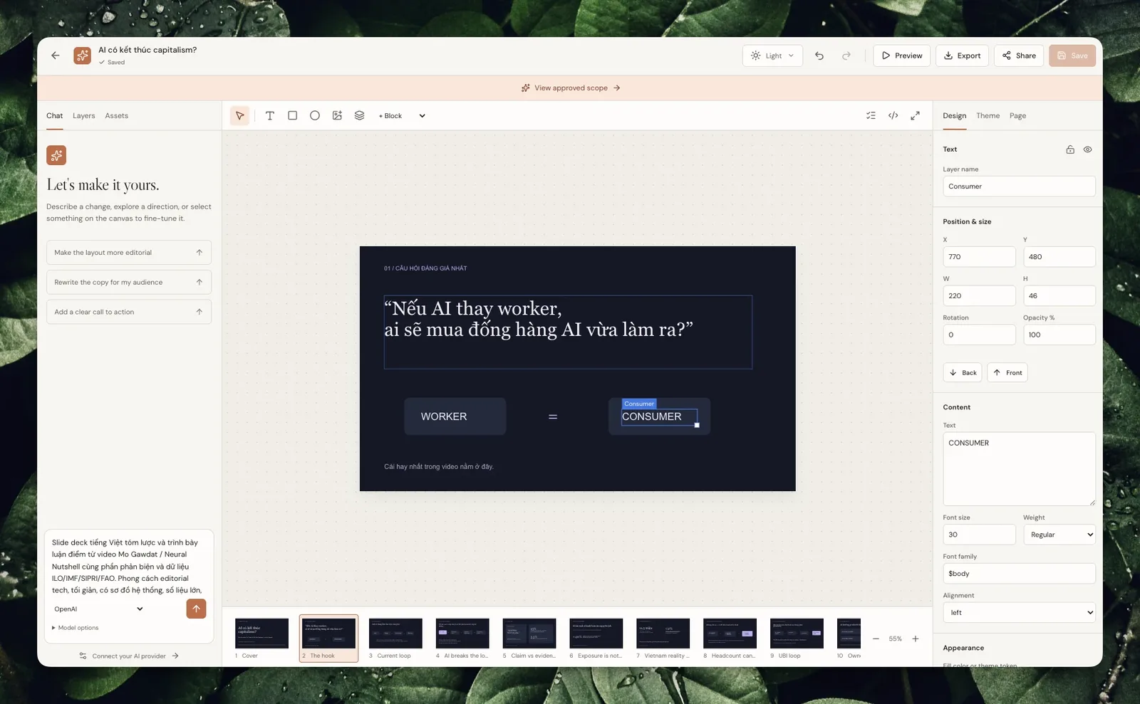 Slides editor, with export to PowerPoint, PDF and Google Slides.